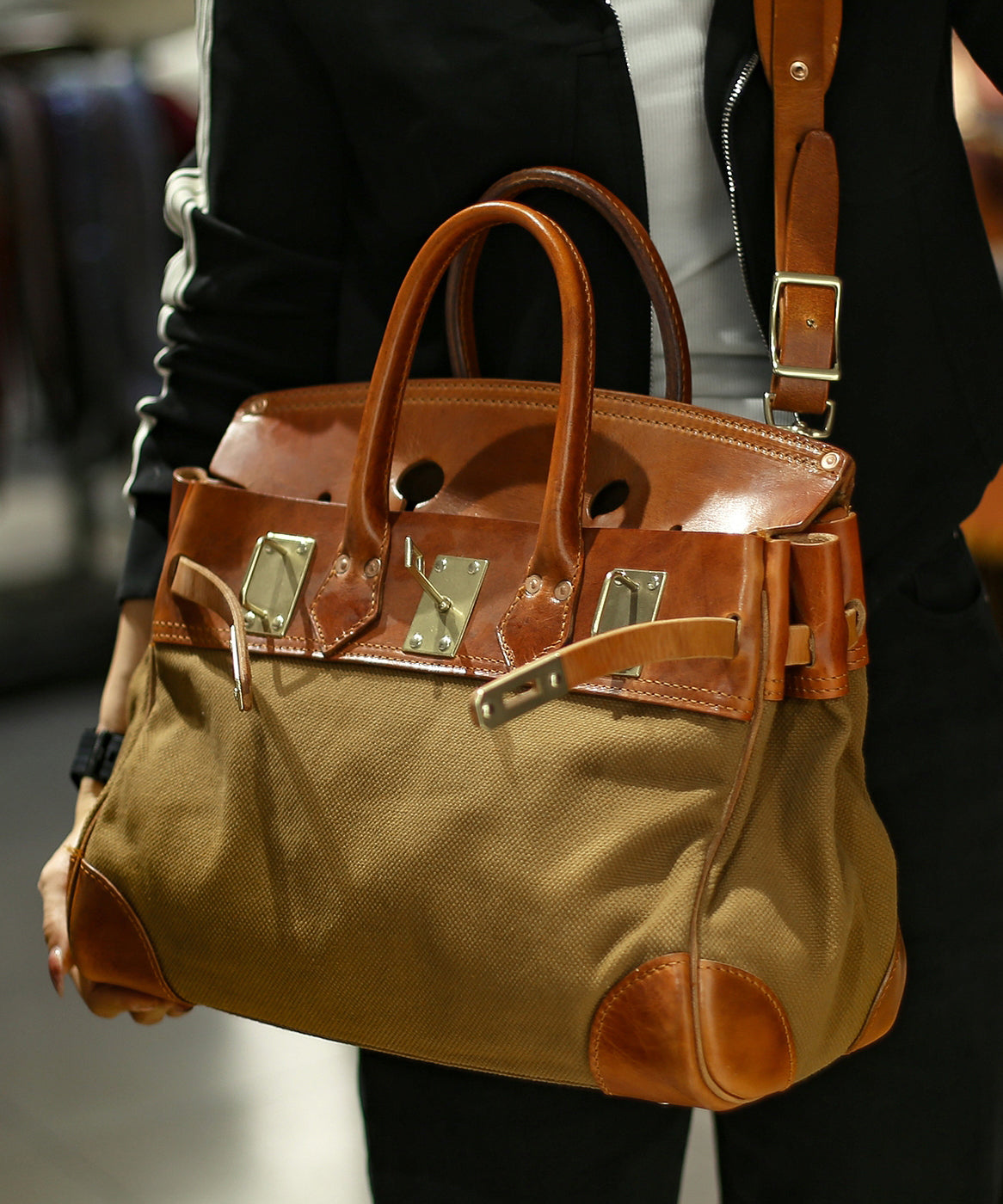 Stylish Brown Canvas-linen Patchwork Durable Leather Tote Handbag