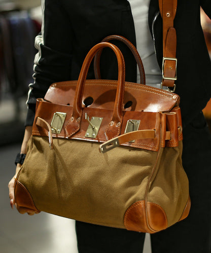 Stylish Brown Canvas-linen Patchwork Durable Leather Tote Handbag