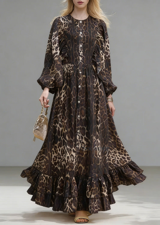 Stylish Brown Oversized Leopard Print Long Dress Lantern Sleeve
