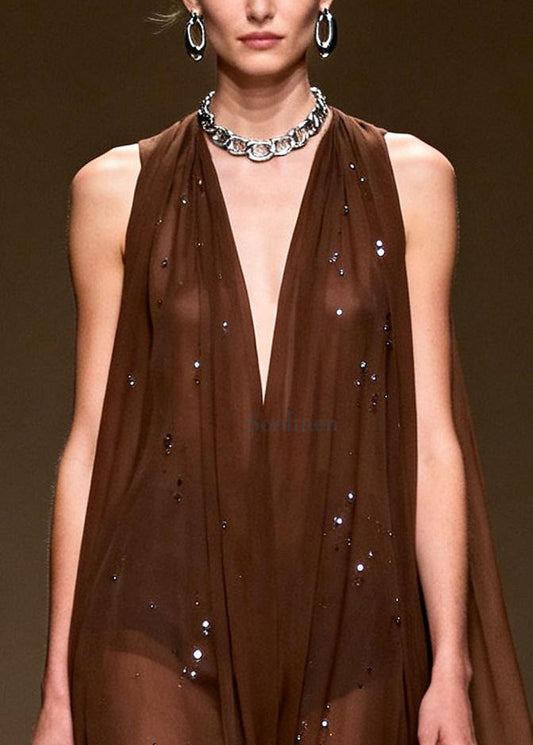 Stylish Chocolate Rhinestone Exra Large Hem Chiffon Vacation Dress Sleeveless
