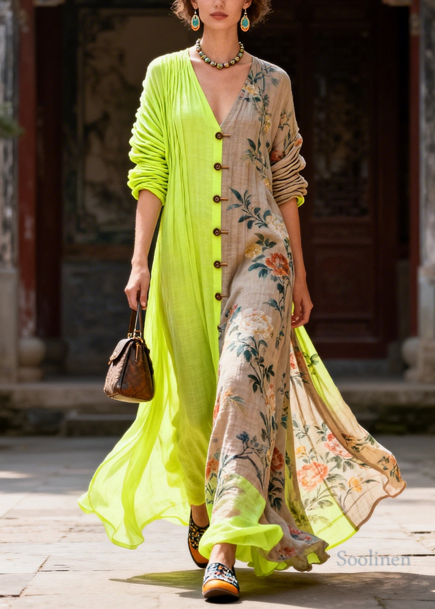Stylish Colorblock Asymmetrical Patchwork Print Cotton Maxi Dress Summer