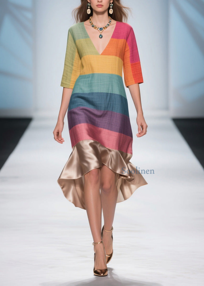 Stylish Colorblock V Neck Patchwork Linen Silk Dresses Summer