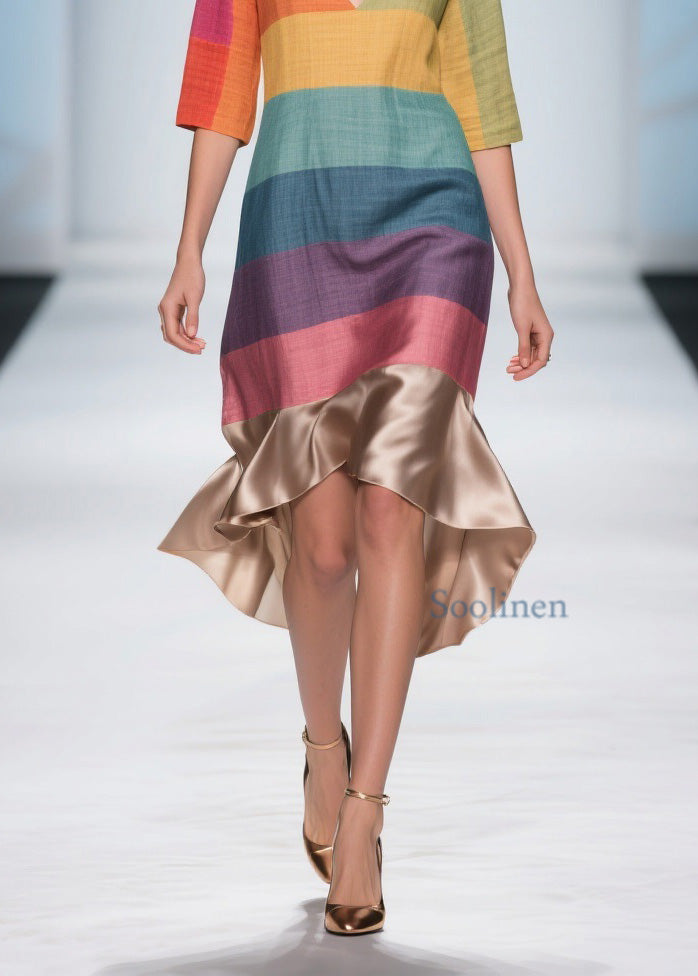 Stylish Colorblock V Neck Patchwork Linen Silk Dresses Summer