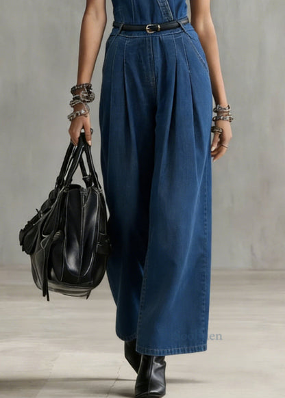 Stylish Denim Blue V Neck Tunic Sashes Jumpsuit Sleeveless