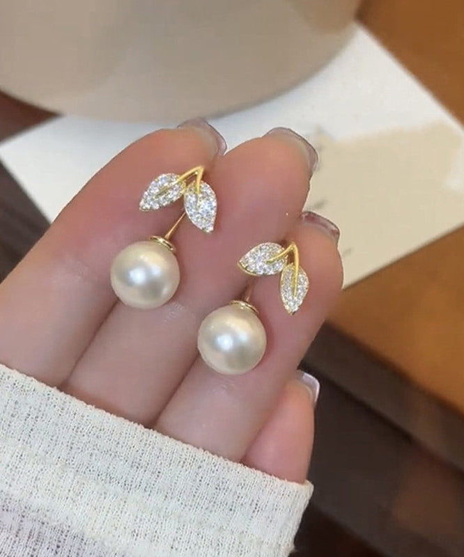 Stylish Gold Copper Overgild Zircon Leaves Pearl Drop Earrings
