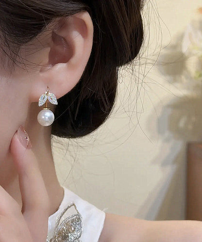 Stylish Gold Copper Overgild Zircon Leaves Pearl Drop Earrings