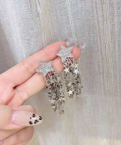 Stylish Gold Copper Overgild Zircon Pentagram Tassel Drop Earrings