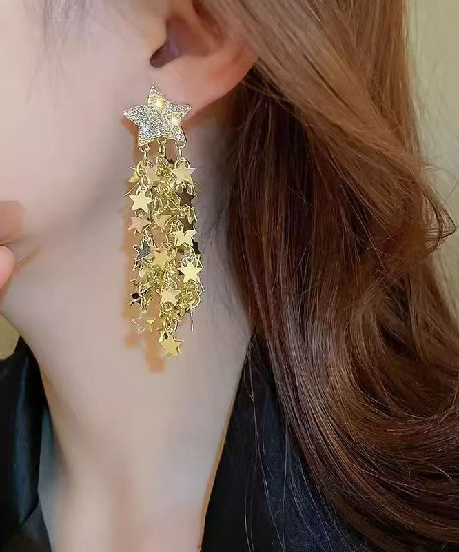 Stylish Gold Copper Overgild Zircon Pentagram Tassel Drop Earrings