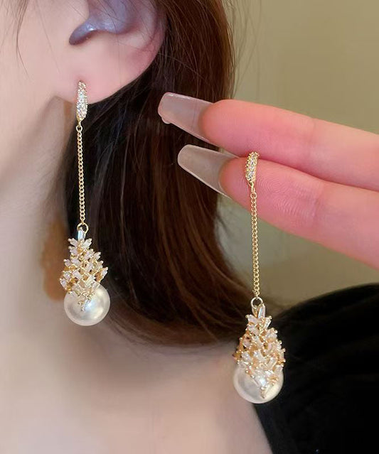 Stylish Gold Copper Zircon Pearl Tassel Drop Earrings