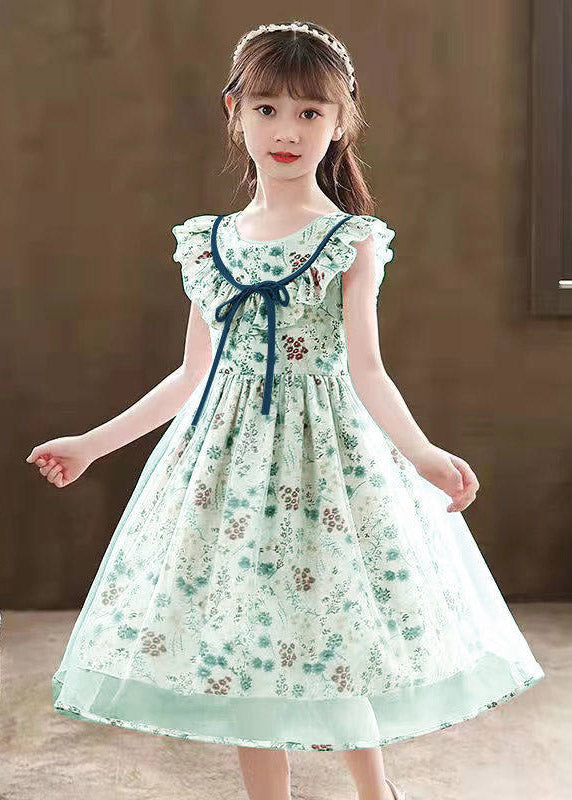 Stylish Grass Green Tie Waist Patchwork Tulle Kids Long Dress Sleeveless