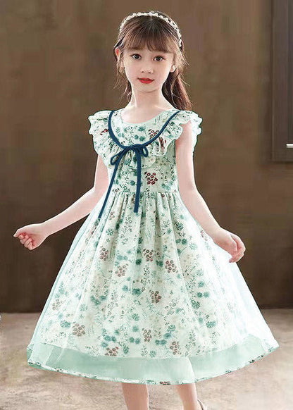 Stylish Grass Green Tie Waist Patchwork Tulle Kids Long Dress Sleeveless