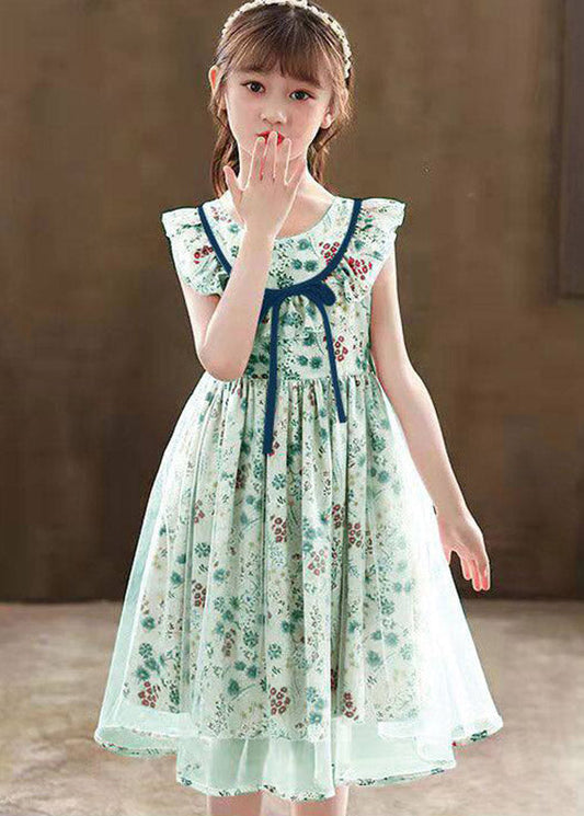 Stylish Grass Green Tie Waist Patchwork Tulle Kids Long Dress Sleeveless