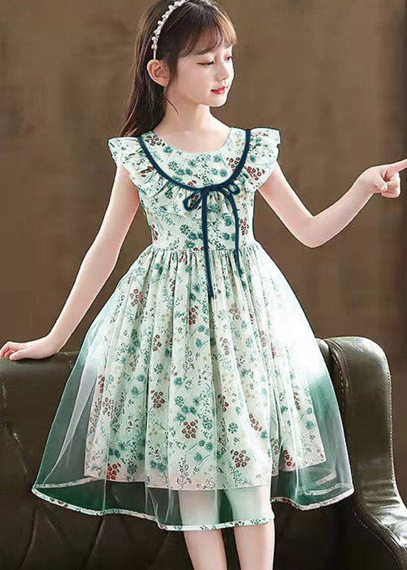 Stylish Grass Green Tie Waist Patchwork Tulle Kids Long Dress Sleeveless