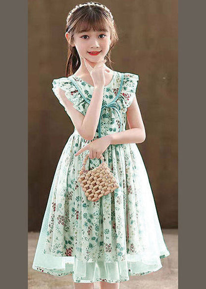 Stylish Grass Green Tie Waist Patchwork Tulle Kids Long Dress Sleeveless