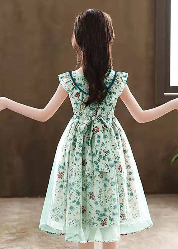 Stylish Grass Green Tie Waist Patchwork Tulle Kids Long Dress Sleeveless