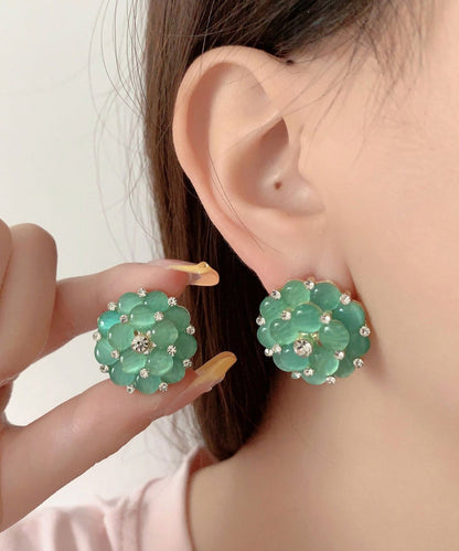 Stylish Green Alloy Zircon Floral Cat's Eye Stud Earrings