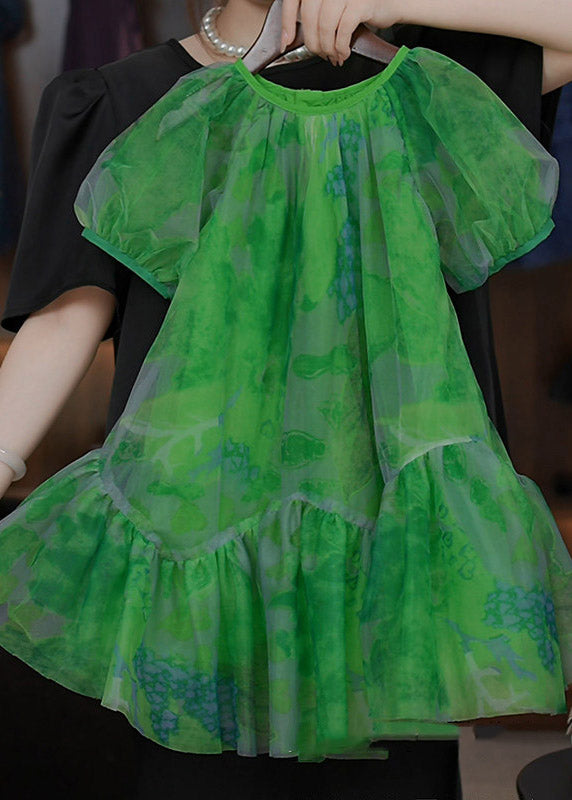 Stylish Green O-Neck Patchwork Tulle Girls Vacation Long Dresses Summer
