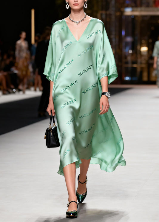 Stylish Green Print Silk Long Dresses Lanter Sleeve