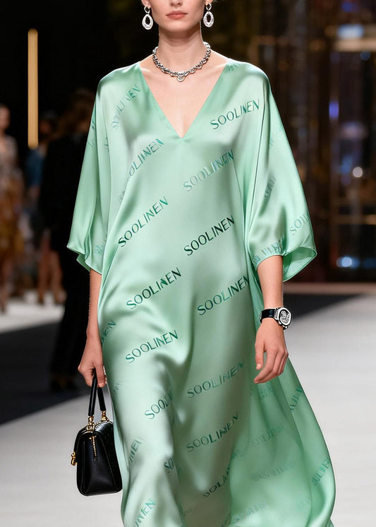 Stylish Green Print Silk Long Dresses Lanter Sleeve
