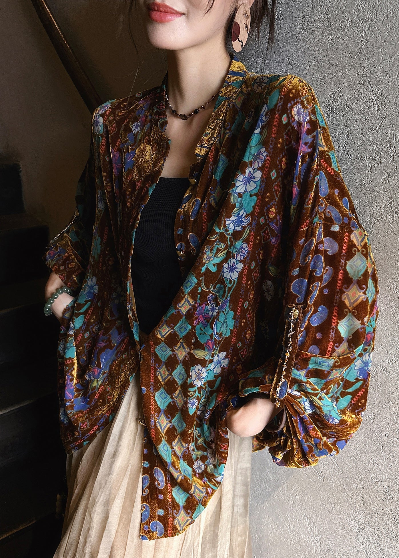 Stylish Green Stand Collar Print Button Velour Shirts Fall