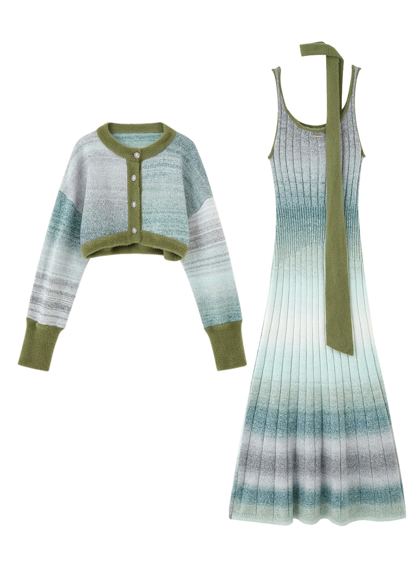 Stylish Green Striped Knit Cardigans And Long Spaghetti Strap Dress Two-Piece Set