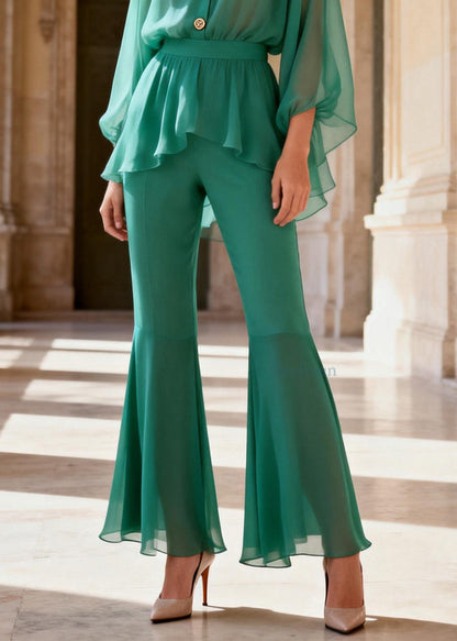 Stylish Green V Neck Patchwork Silk Two Piece Set Women Clothing Summer