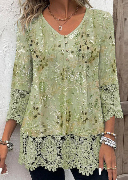 Stylish Green V Neck Print Lace Patchwork Chiffon Shirt Top Summer