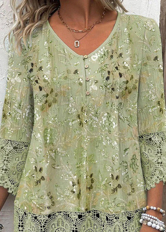 Stylish Green V Neck Print Lace Patchwork Chiffon Shirt Top Summer