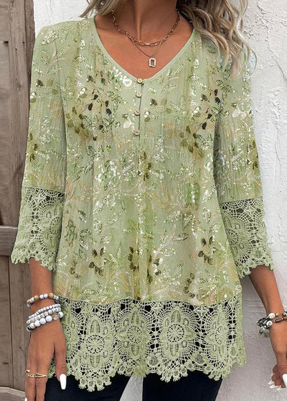 Stylish Green V Neck Print Lace Patchwork Chiffon Shirt Top Summer