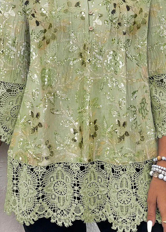 Stylish Green V Neck Print Lace Patchwork Chiffon Shirt Top Summer