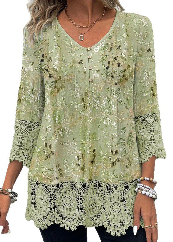 Stylish Green V Neck Print Lace Patchwork Chiffon Shirt Top Summer