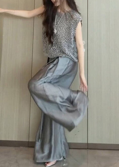 Stylish Grey Print T Shirt And Wide Leg Pants Two Pieces Set Summer