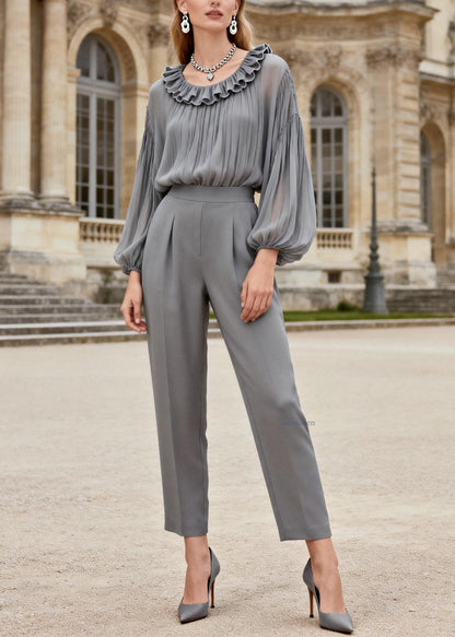 Stylish Grey Ruffled Chiffon Tops And Spandex Crop Pants Two Piece Set Spring