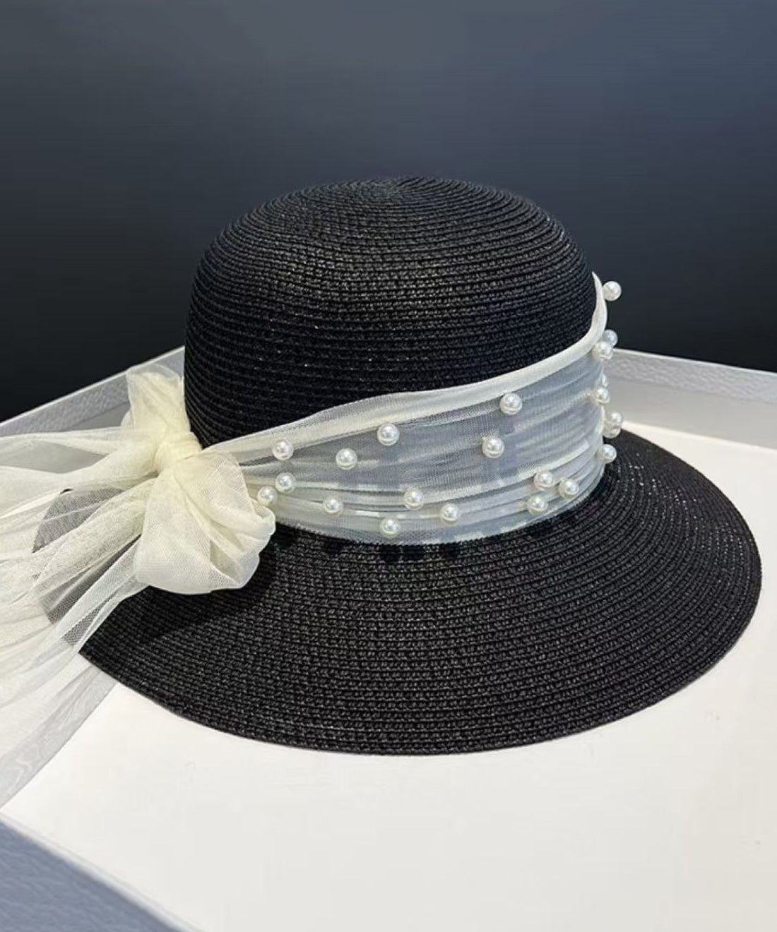 Stylish Khaki Bow Nail Bead Straw Woven Floppy Sun Hat