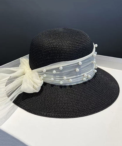 Stylish Khaki Bow Nail Bead Straw Woven Floppy Sun Hat