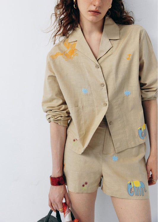 Stylish Khaki Embroidered Cotton Two Pieces Set Summer