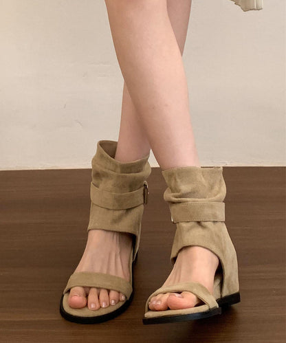 Stylish Khaki Suede Splicing Wedge Sandals Boots Peep Toe
