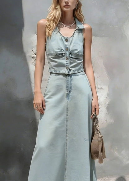 Stylish Light Blue Top And Skirts Denim Two Pieces Set Summer