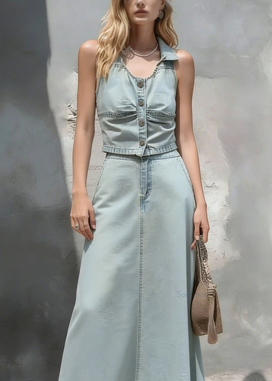 Stylish Light Blue Top And Skirts Denim Two Pieces Set Summer