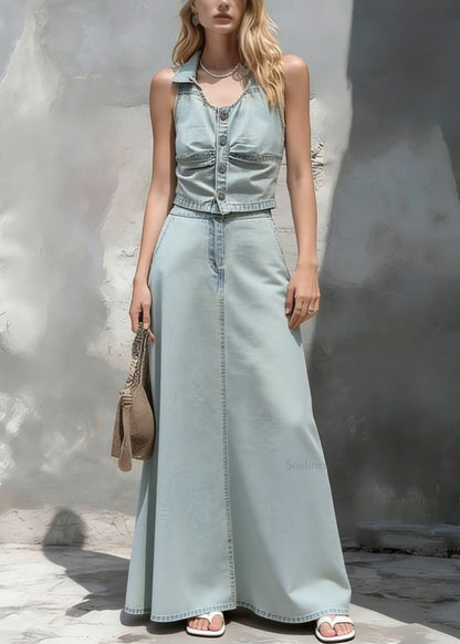 Stylish Light Blue Top And Skirts Denim Two Pieces Set Summer