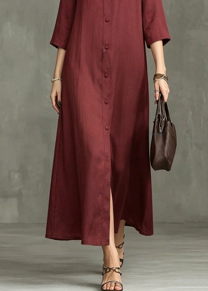 Stylish Mulberry Stand Collar Wrinkled Maxi Shirts Dress Summer