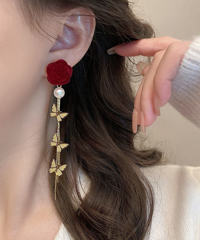 Stylish Mulberry Sterling Silver Alloy Flocking Pearl Floral Butterfly Drop Earrings