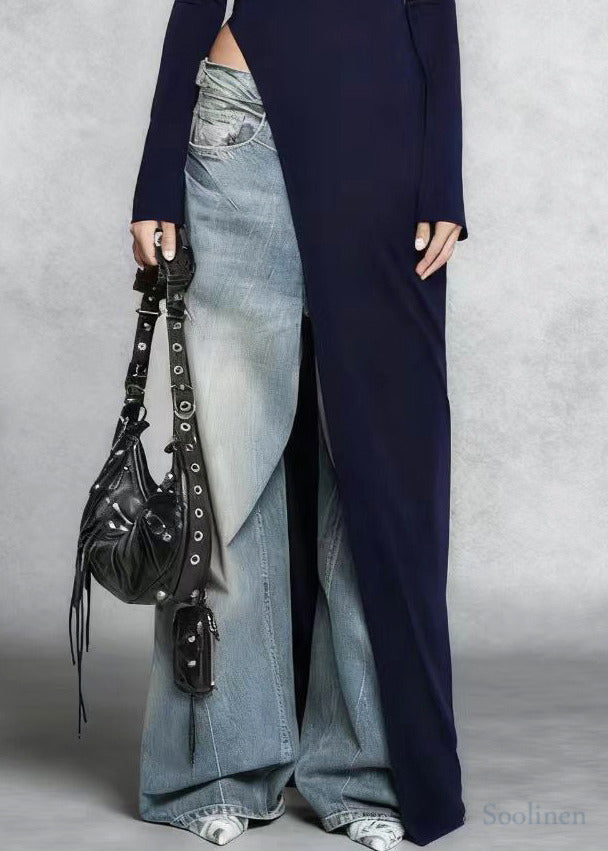 Stylish Navy Side Open Silm Fit Cotton Long Dress Spring