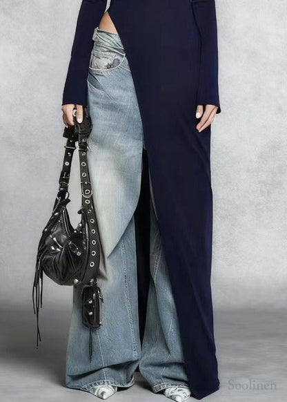 Stylish Navy Side Open Silm Fit Cotton Long Dress Spring