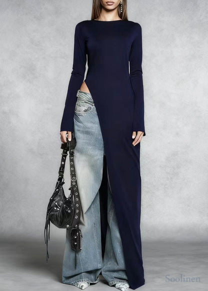 Stylish Navy Side Open Silm Fit Cotton Long Dress Spring