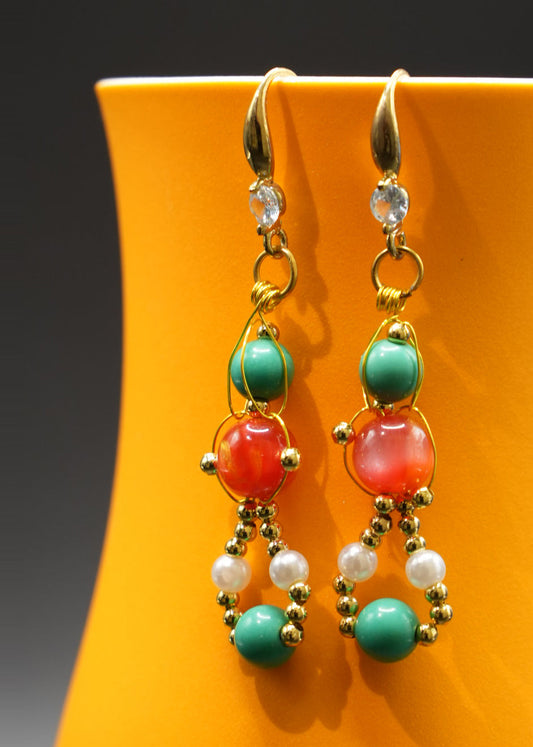 Stylish Orange Crystal And Fine Turquoise Drop Earrings
