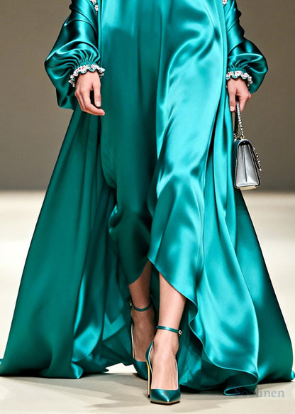 Stylish Peacock Blue Ruffled Patchwork Exra Large Hem Silk Dress Summer