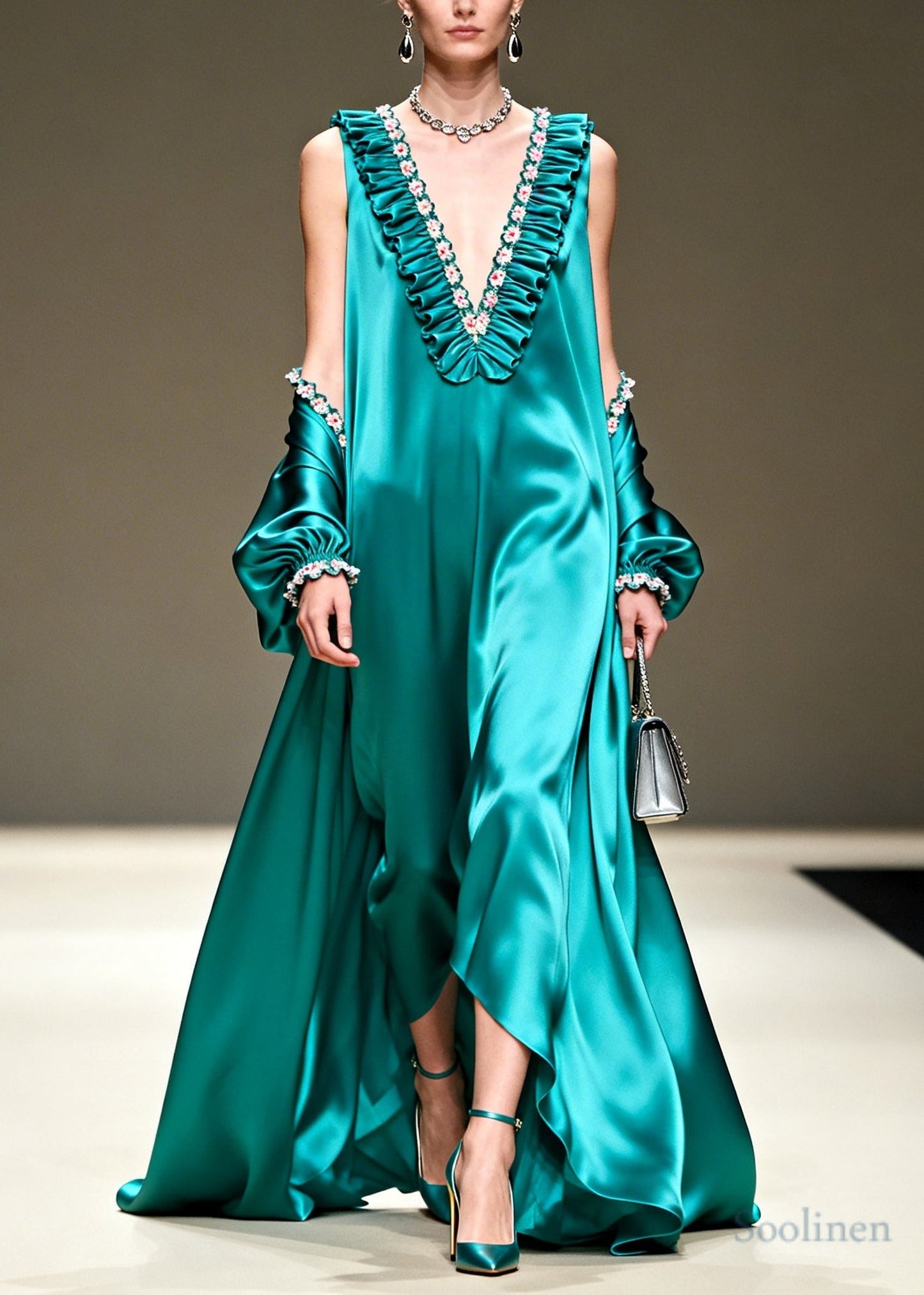 Stylish Peacock Blue Ruffled Patchwork Exra Large Hem Silk Dress Summer