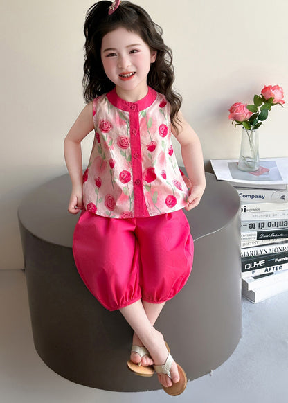 Stylish Pink Print Cotton Baby Girls Two Pieces Set Summer