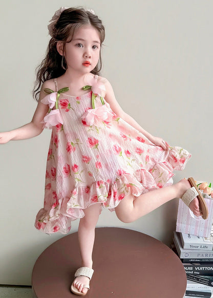 Stylish Pink Ruffled Floral Cotton Baby Girls Mini Dress Summer